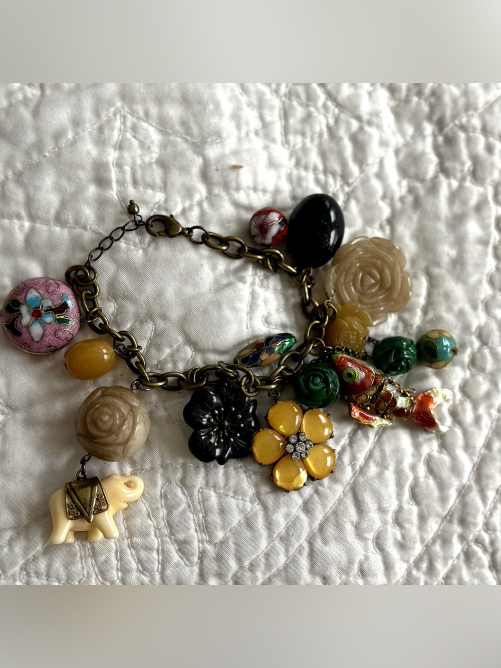 Vintage Asian Cloisonné Charm Bracelet Articulated Koi Fish Carved Stone Roses